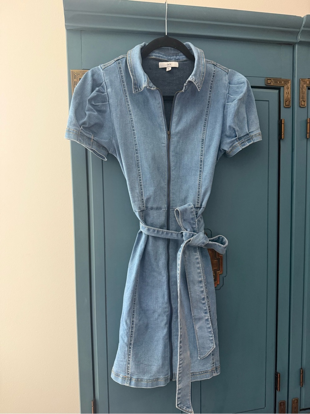 Denim Zip-Front Dress with self tie Belt